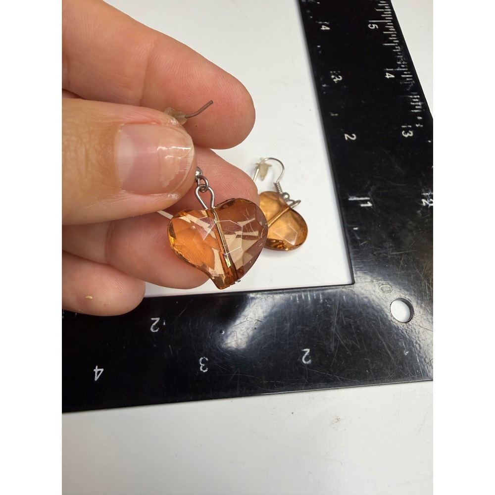 Amber Faceted Glass Heart Dangle Earrings Silver Tone Fishhook Wires Brown